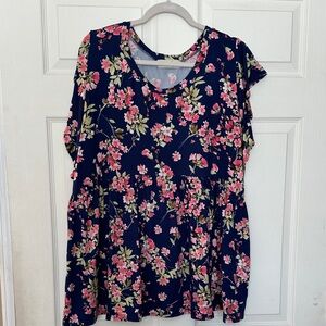 Floral Short Sleeve Peplum Tunic - Navy with Pink Blooms